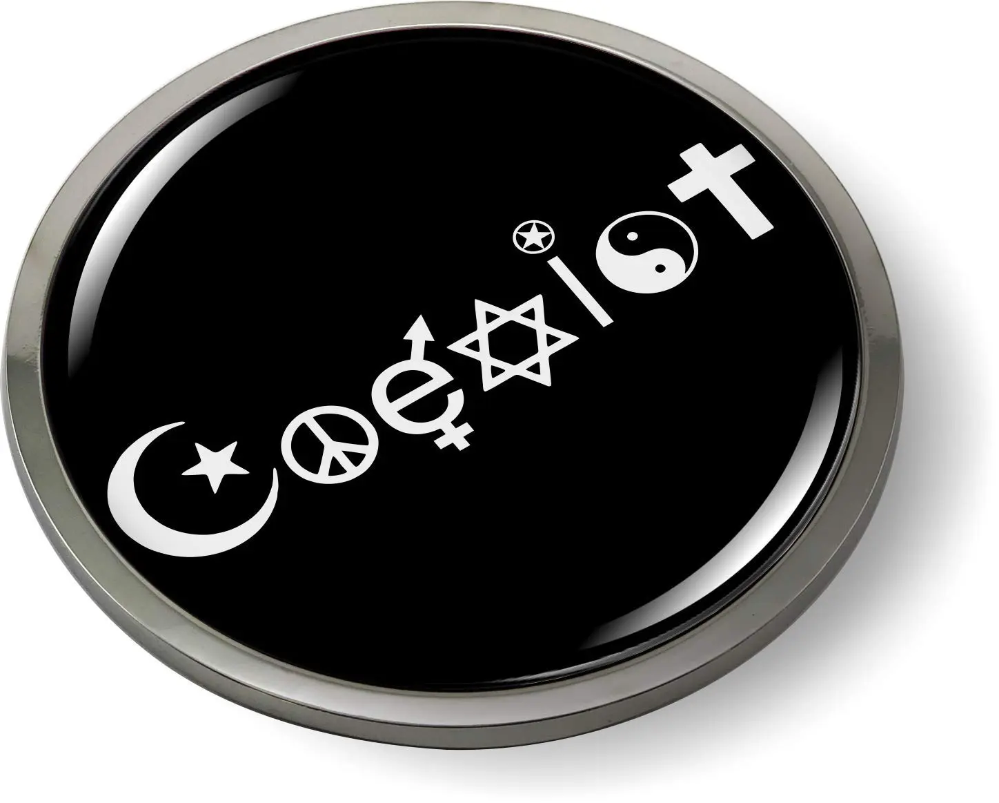 Coexist 3D Domed Emblem Badge Car Sticker - Chrome Round Bezel, 3 in Outside Diameter, 1/8 in Thickness, 3D Doming Resin, Automotive-Grade Adhesive Back Foam, Flexible, Round Shape, Gift Ideas for Car Exterior Accessory Upgrades
