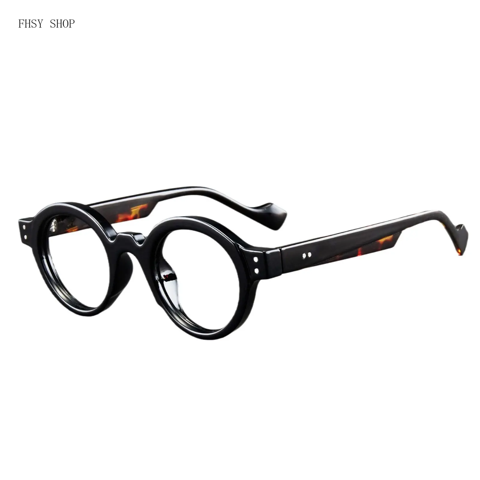 FHSY SHOP Chic Black Round-End Non-Prescription Bluelight Glasses, Tortolette Anti-Light Frames with Tortoise Temples, Durable Lightweight Eyewear for Men Women (Work, Study Use), Round-End Non-Prescription Glasses