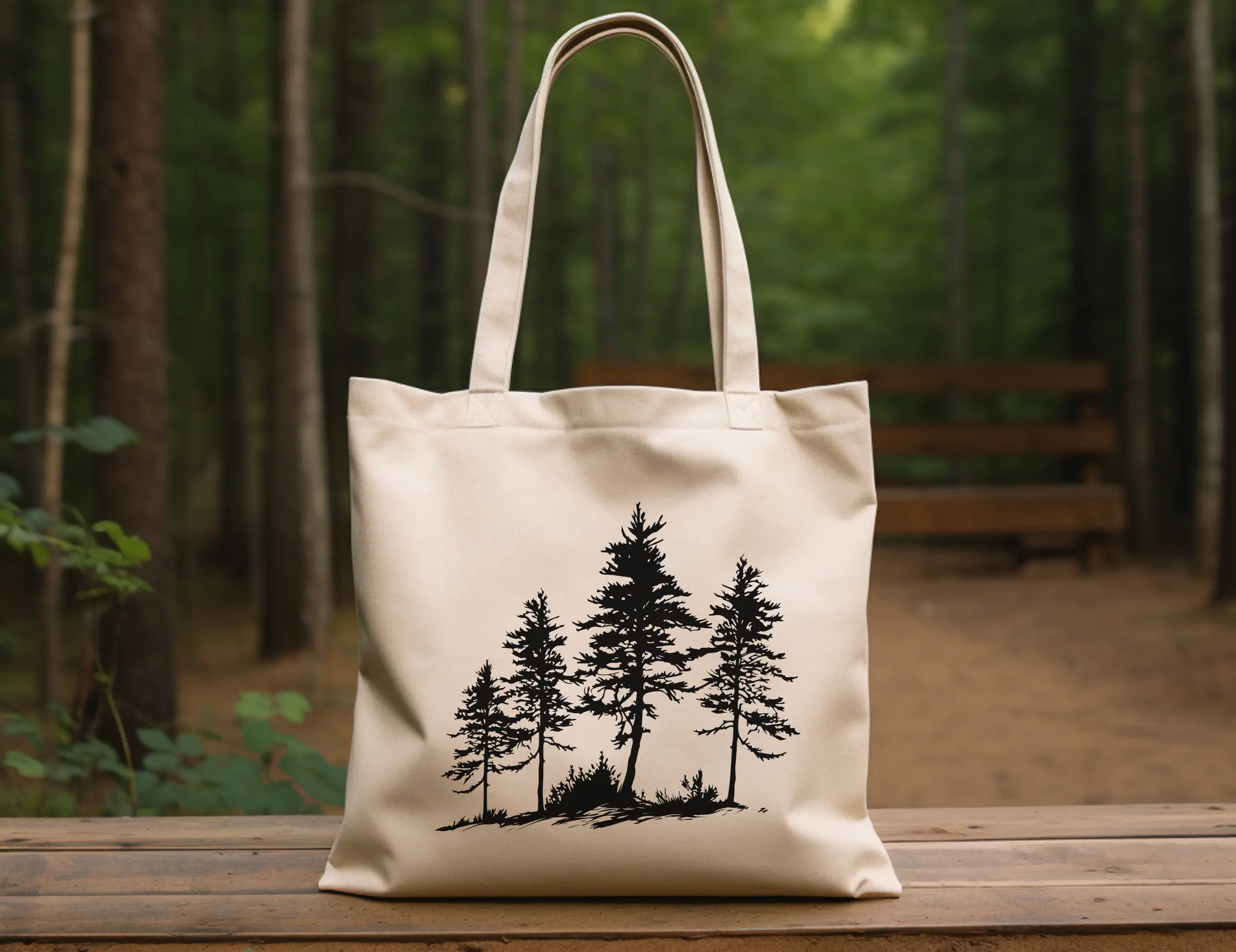 Woodland pine trees canvas tote bag for nature lover, hiking pouch, forest duffel bag, camping travel bag, messenger bag, teacher tote bag