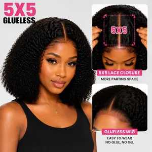 Wear and Go Glueless Bob Wigs for Black Women Short Kinky Curly Glueless Bob Wig Human Hair Invisible SKINLIKE Real HD Transparent Lace  Pre Plucked Pre Cut  200% Density #Summervibes