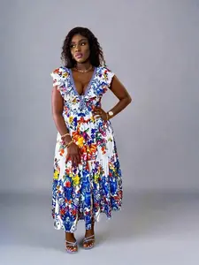 Florabella Bloom Midi Dress - Summer Sleeveless Multicolor Floral Print Deep V-Neck Ruffled Sleeves Tiered Skirt Open-Back Tie Detail Premium tropical vacation outfit.