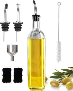 Olive Oil Dispenser Bottle, 500ml Oil & Vinegar Cruet with 2 Stainless Steel Pourers, 2 Labels,1 Brush and 1 Funnel for Kitchen