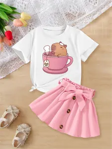 2-Pack Girls' Cute Casual Crew Neck Short-Sleeve T-Shirt & Skirt Sets | Capybara Pattern Prints | Summer Stylish Sweet Outfits | Clothes Kids