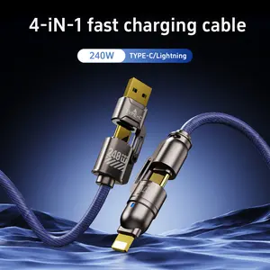 Navy Blue 4-in-1 Fast breathing Charging Cable for Apple Lightning & Android Type-C Devices Braided Wires Compatible with Mobile Phones Laptops Tablets Cellphone Charger 240w USB-C PD Long Cord Bend Resistant