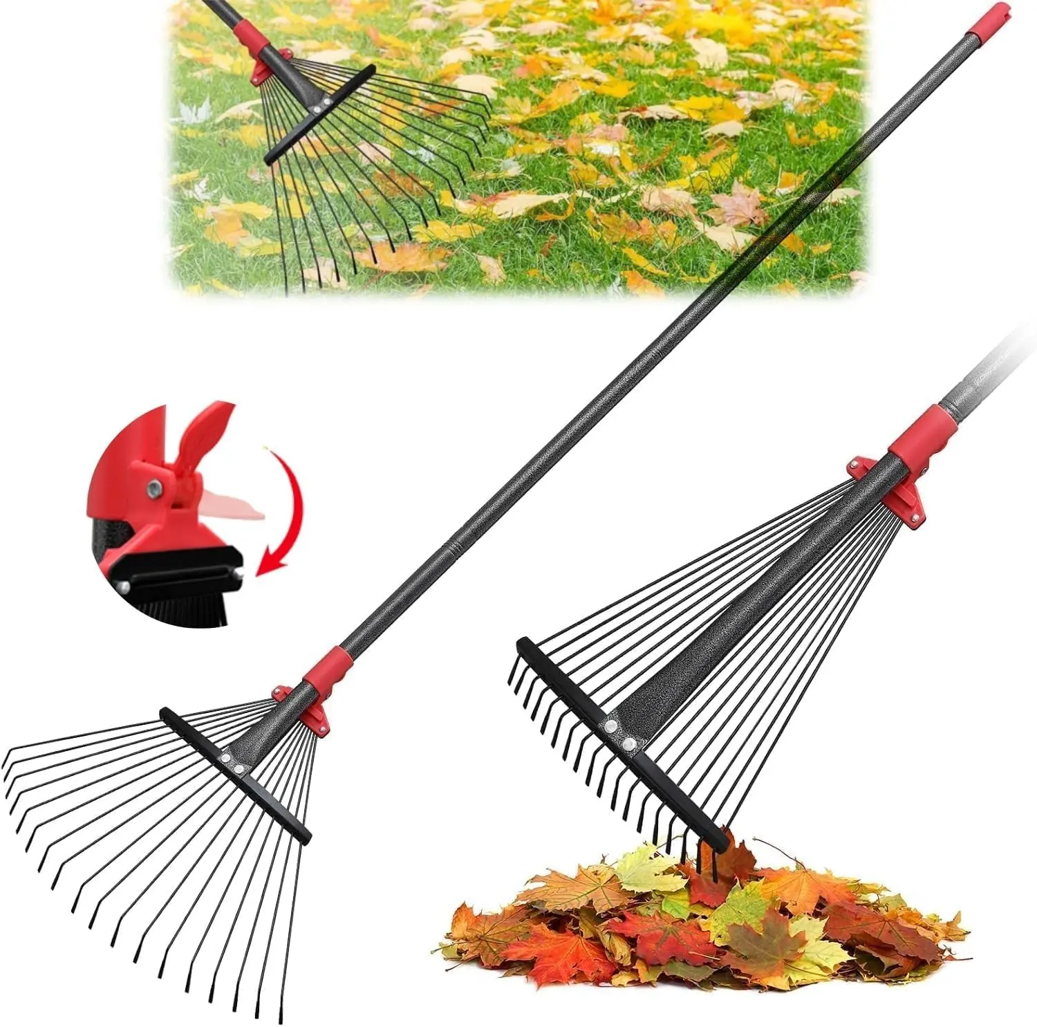 76 Inch Rake for Leaves, Adjustable 18 Metal Tines with Expandable  Garden Rakes for Lawns Heavy Duty Metal Rake for Leaves Yard Gardening Grass Outdoor Debris