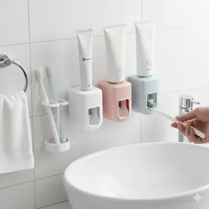 Smart Push Auto Toothpaste Dispenser - One Click Dispensing, No Installation with Strong Adhesive, Anti-Slip Bathroom Organizer. Vertical Sink Space Saver, Universal Toothpaste Squeezer Holder for Electric & Manual Toothbrushes.
