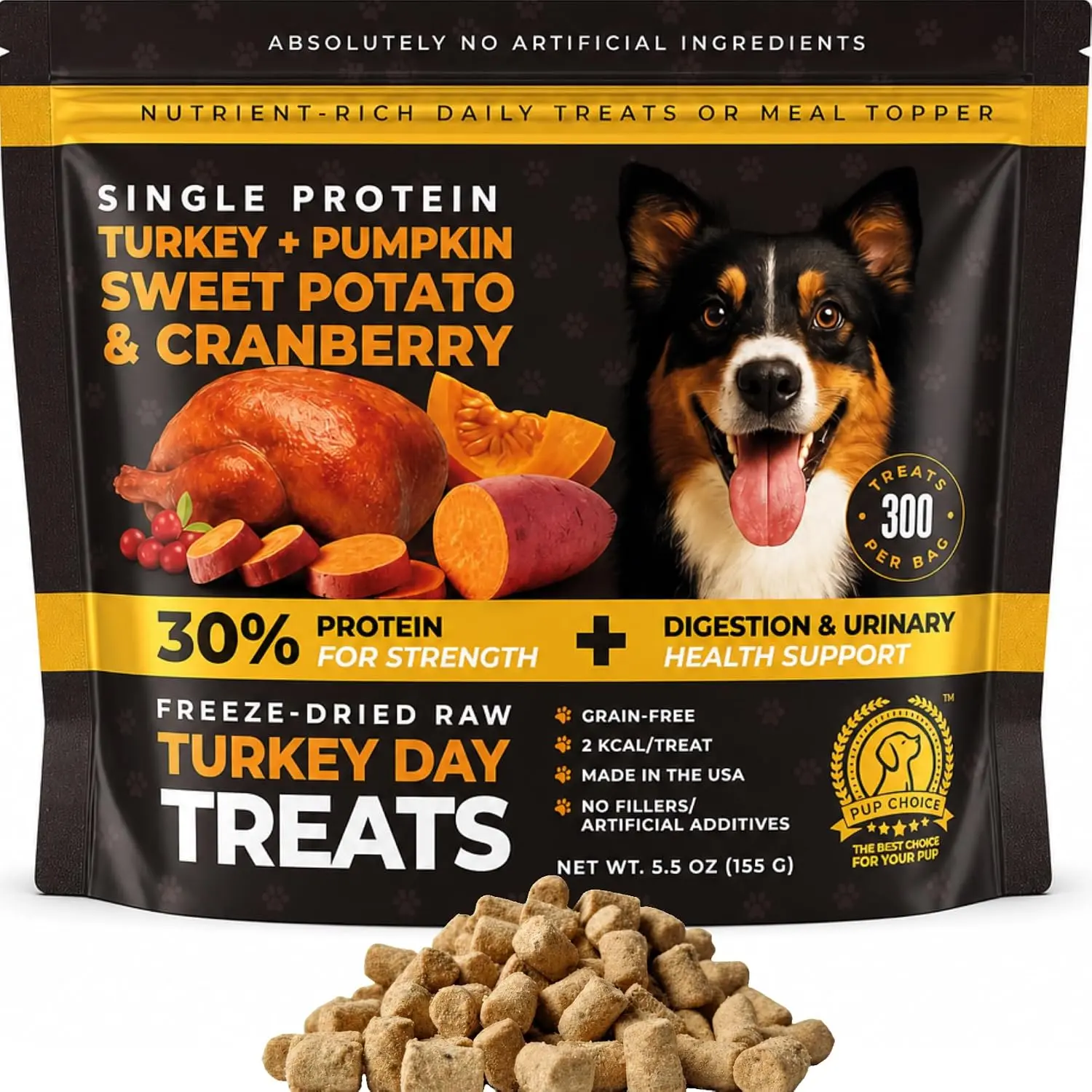 Freeze-Dried Raw Dog Treats – Real Turkey with Pumpkin, Sweet Potato & Cranberry – Single Protein, High-Protein, Grain-Free Daily Reward Turkey Day Bites & Meal Topper – Made in USA – 5.5oz. - 300ct