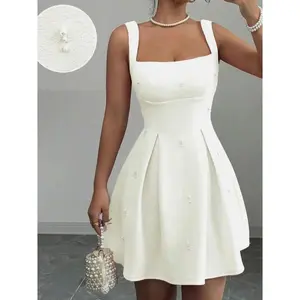 Women’s Solid Color Sequined Strap Patchwork Dress, Casual Elegant Party Mini Dress