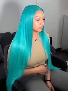 Mint Blue 13x4 Lace Front Wig Free Part Pre Plucked Natural Hairline Heat-Resistant Synthetic Straight Wig Blue Concert Look Coachella Festival Look Lace Frontal Wigs for Women Party Cosplay Stage  28 Inches