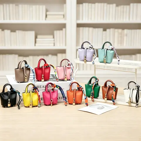 Mini Vegetable Basket Bag Pendant Keychain - High Quality Leather with Colorful Strap, Cute Car Keychain & Bag Charm Accessory