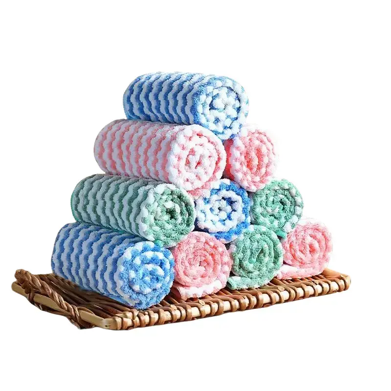 10/20-Pack Stripe Household Synthetic Microfiber Coral Fleece Dish Rags - 15% Polyamide Microfiber, 10in×10in, Soft, Absorbent, Lint-Free, Reusable, Durable Cleaning Cloths in Bag, Damp Wipe Only, Do Not Bleach, Cold Wash Safe, Multi-Surface, 10 Pack（Colo
