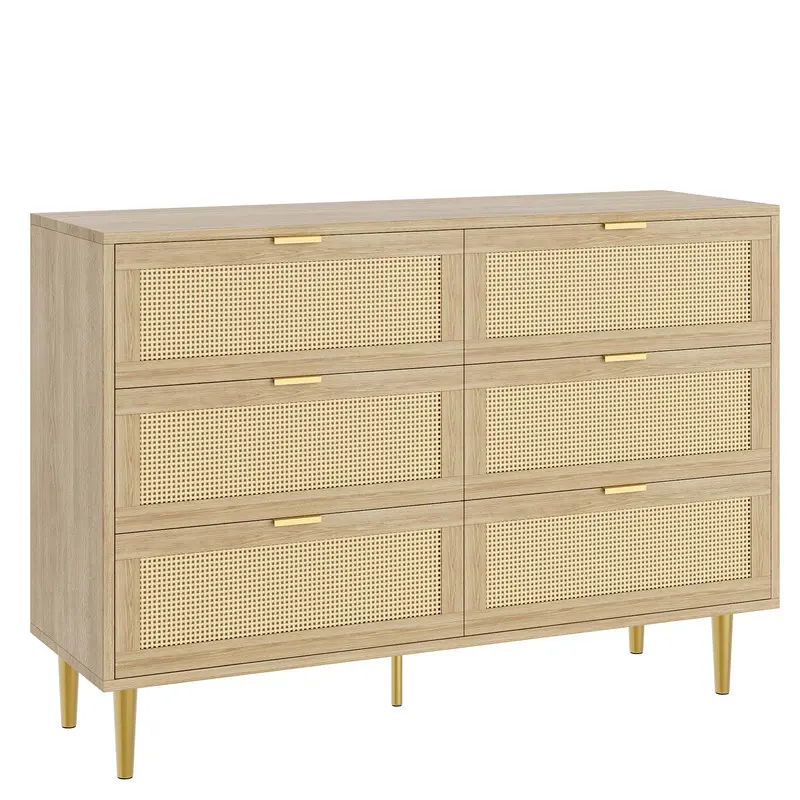 【Christmas Gift】Beige/Khaki Rattan 6 Drawer Dresser, Farmhouse Wooden Chest of Drawers with 5 Metal Legs, Golden Handles, Wide Double Drawer Dresser for Bedroom, Living Room