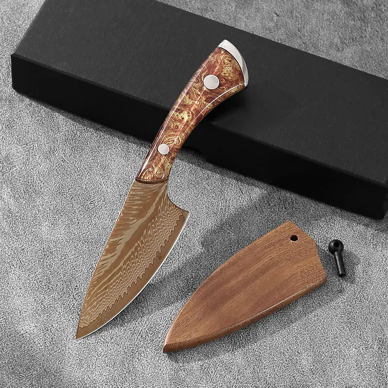 Yuanren GOLDEN Jupiter 4.5-in Thick Durable Damascus Blade BBQ Party Cutting Knife, D7A Stainless Steel 67 Layers, Ergonomic Resin Handle with Wood Sheath, Dora's Kitchen Cooking Utensils Box