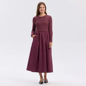 Women's Long Sleeve Woven Knit Midi Sweater Dress - A New Day