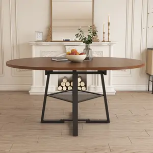 47 Inch Extendable Round Dining Table for 4-8 with Storage, Walnut Finish Circle Dining Table with Metal Frame & Thickened Top, Multi-Functional Kitchen & Living Room Table