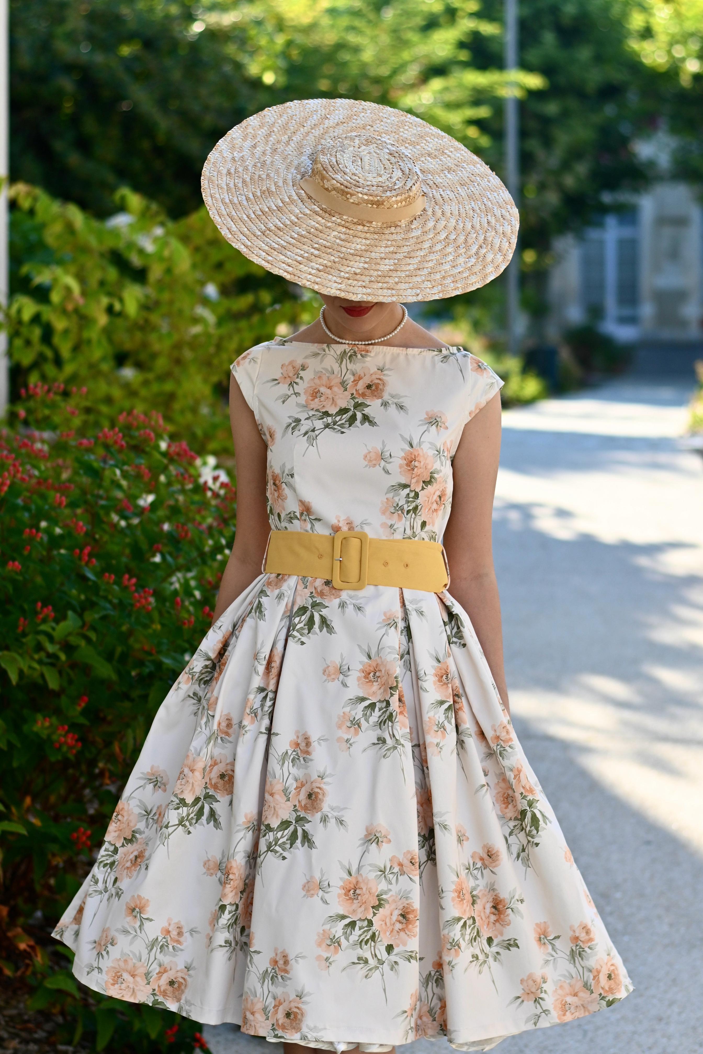 Yellow 1950s Boat Neck Antique Floral Dress Spring Vacation Womenswear Fitted Casual Sleeveless