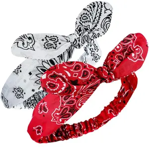 2 Pieces Bandana Headband for Women, Knot Retro Print Headbands Paisley Print Headband Headwrap Adjustable Headwrap(Red, White)