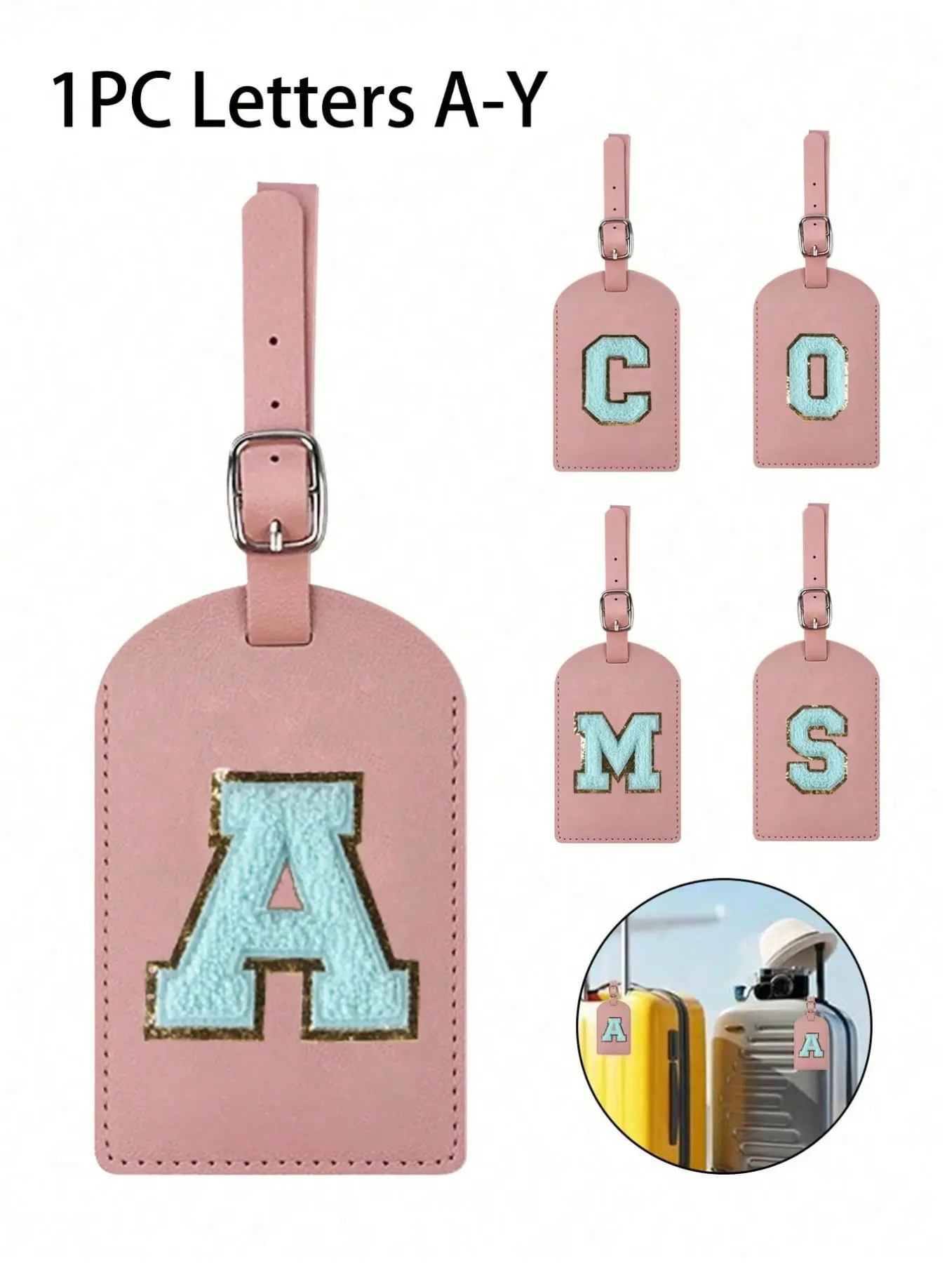 Pink initial luggage tag, TSA certified, personalized PU leather letters A-Z luggage tag with privacy cover and name card; blue cute letter combination travel backpack tag, unisex; travel essential, Bag Tag