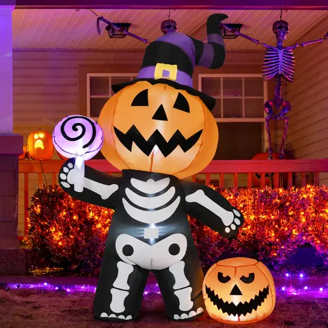 GOOSH 6 FT Durable Scary Ghost Giant Pumpkin Inflatable Halloween Outdoor Decor Kit - Polyester Party Decoration, Skull-Body Ghost, LED Lights, Fast Inflation Fan, Event Setup Yard Ornament