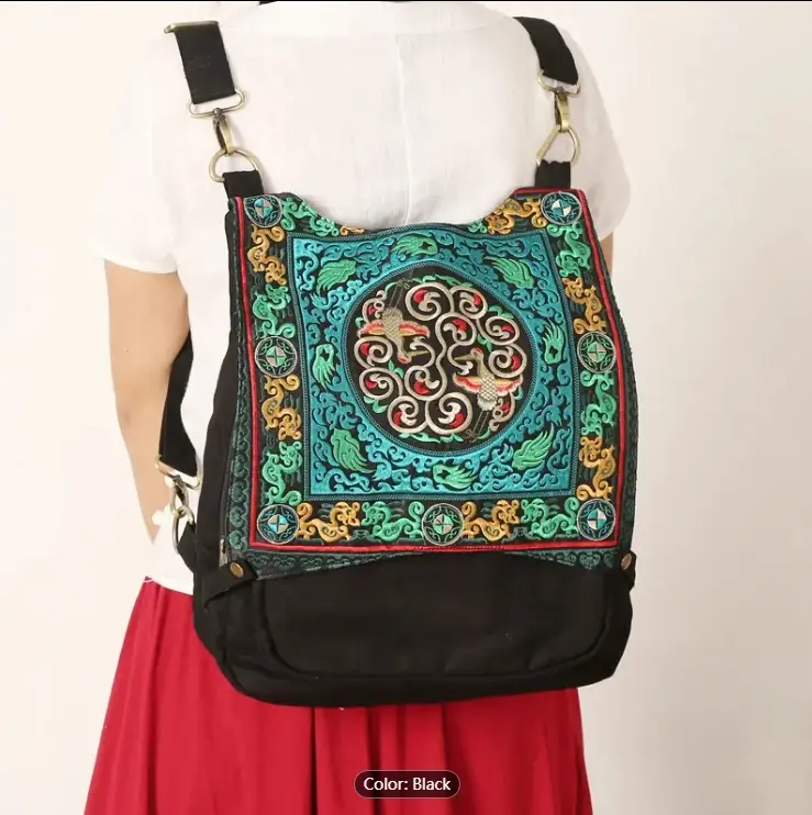 Embroidered Backpack, Women's Casual Backpack, Canvas Large Capacity Backpack