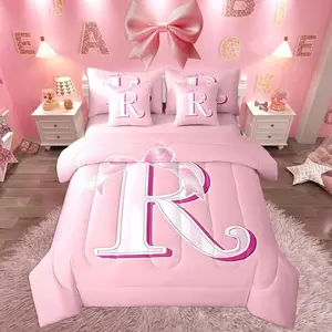 Pink Bow Bed Set,,Decor Teen Girl Gifts Monogrammed 7 Pieces Beeding Set,Ultra Soft Personalized Initial R Bed in a Bag with Comforter,Sheets,Pillowcases Dreamy Bow,Room Decor