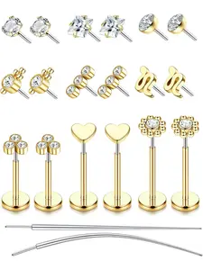 Threadless Flat Back Earrings Hypoallergenic Nose Studs Rings for Women 14K Gold Plated 316L Surgical Steel Lip Labret Conch Medusa Cartilage Tragus Nose Piercing Jewelry 20G 18G 16G
