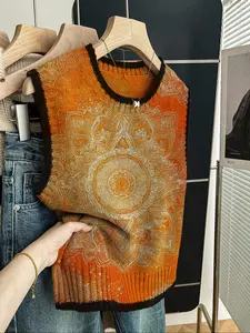 Women's Loose-Fitting Round Neck Sleeveless Knit Top Vests, Colorblock Ethnic Print Style Cardigan for Spring Summer Fall Winter, Casual Outwear