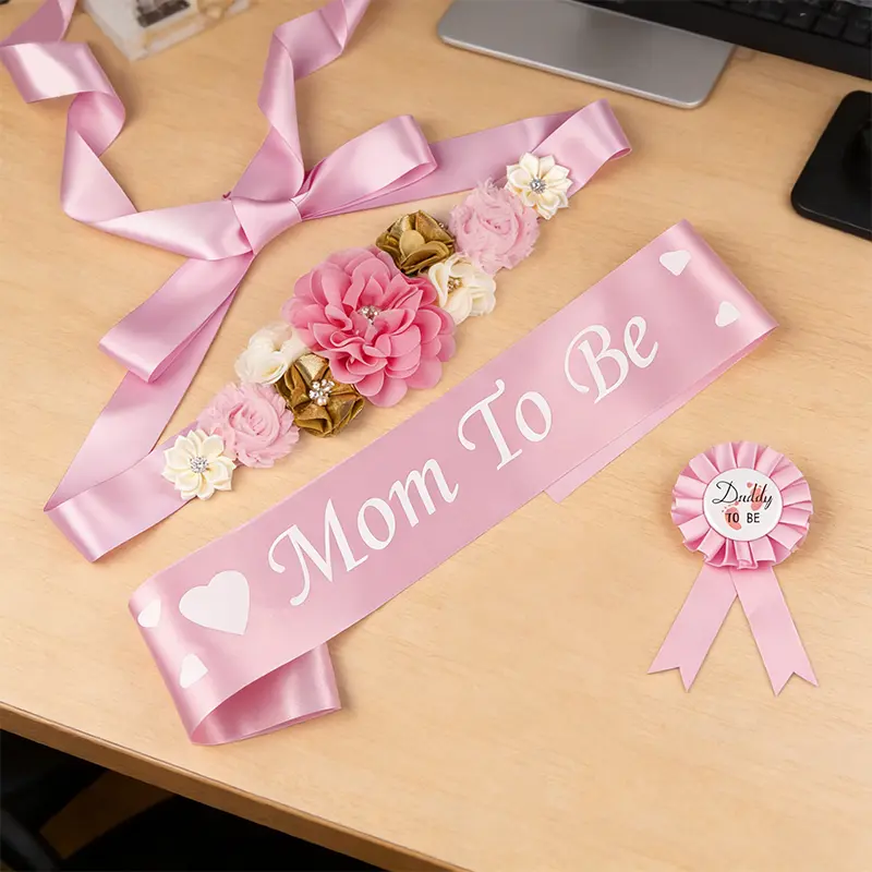 3Pcs Elegant Comfortable Flower Maternity Sash Decorations Set, Princess Pink Baby Shower Prop - Pregnancy Gift for Expectant Parents, Home Improvement Accessories