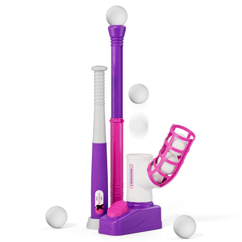 Tball Set for Toddlers 3-5, Tee Ball Set with Step on Pitching Machine/Adjustable Batting Tee/Retractable Baseball Bat/8 Pop Up Balls, Outdoor Sport Toy Games for Kids Girls