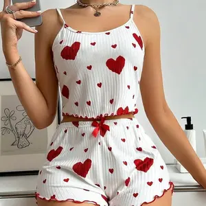 Chic Cherry & Heart Printed Pajama Set - Casual Loungewear for All Seasons - Soft Breathable Material - Stylish & Sweet Valentine's Day Gift Choice Fabric Womenswear Lingerie Strap