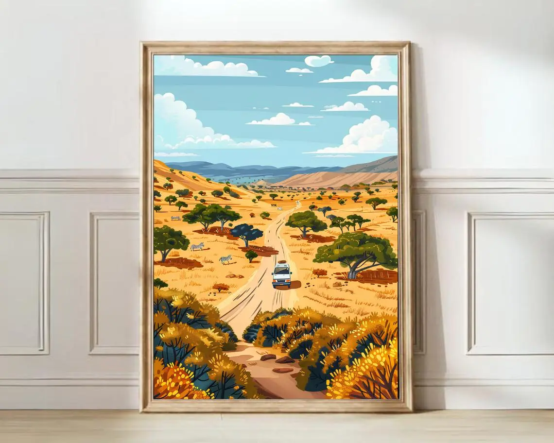 Namibia Print Safari Illustration Travel Poster - Artistic Decor for Wall or Room Decoration - Ideal Gift for Desert Travel