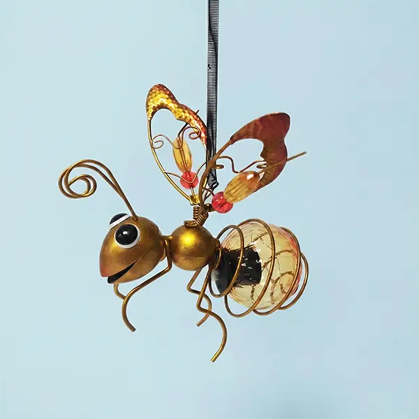Golden Bee Solar Hanging Ornaments with metal craft, lovely insect-style garden decor. Waterproof for outdoor use, hang on patios, yards and trees. Whimsical animal artwork decor, warm glow to spruce up gardens, backyards and walkways.
