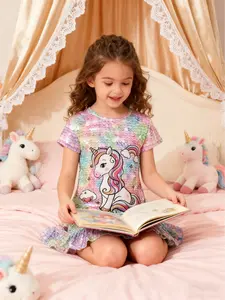 Girl's Cartoon Unicorn Print Dress, Cute Casual Soft Comfortable Round Neck Short Sleeve Nightgown, Kids Sleepwear for Summer, Sleepwear Dresses, Cartoon Print Pajama