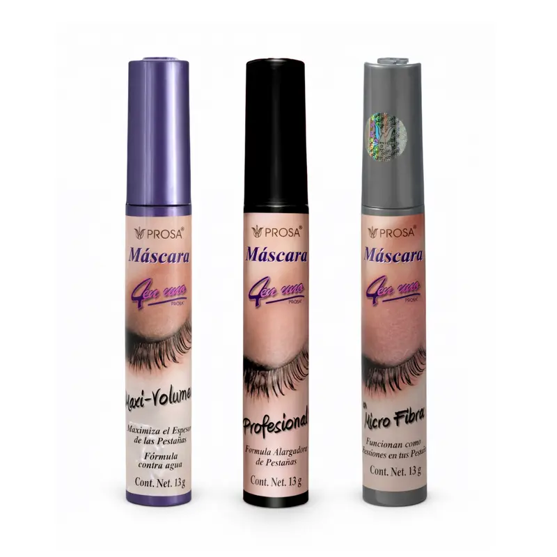 Prosa 4 in 1, (3 Pack) Mascara Maxi Volumen with Micro Fibras, Professional Black, 4 in 1 Eyelash Makeup Volumizing Water Proof Cosmetic