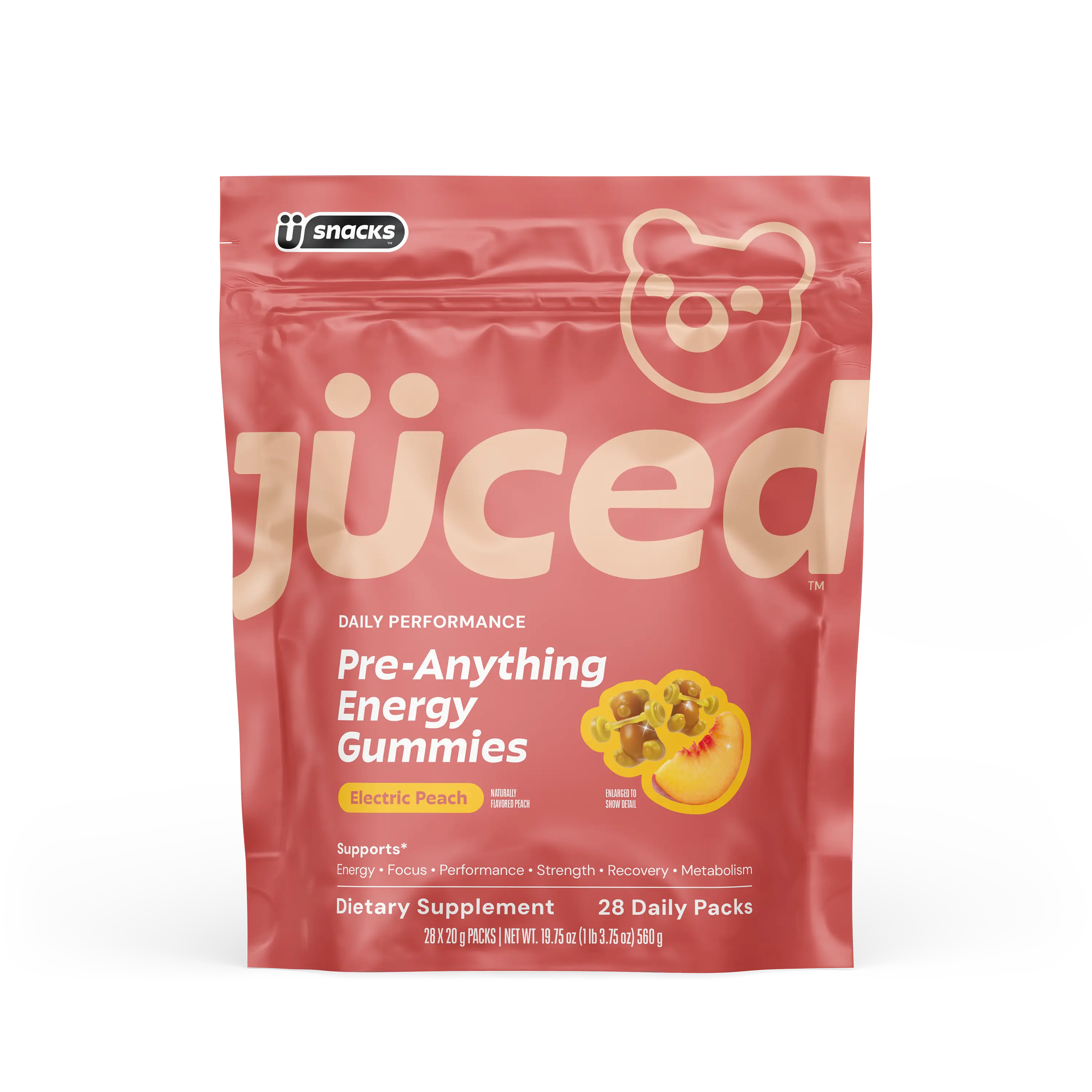 Jüced Energy Gummies | Peach Pre-Anything Gummies | 75mg Natural Caffeine plus L-Carnitine, DuraBeet Betaine, and Rhodiola Rosea to support energy, endurance, and stress management | Vegan & Gluten-Free | 28 Daily Packs