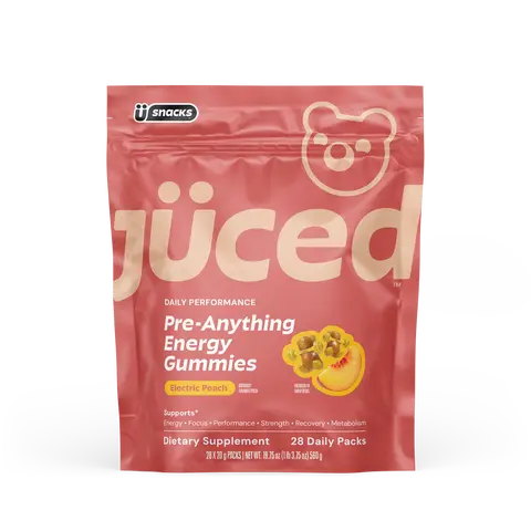 Jüced Energy Gummies | Peach Pre-Anything Gummies | 75mg Natural Caffeine plus L-Carnitine, DuraBeet Betaine, and Rhodiola Rosea to support energy, endurance, and stress management | Vegan & Gluten-Free | 28 Daily Packs