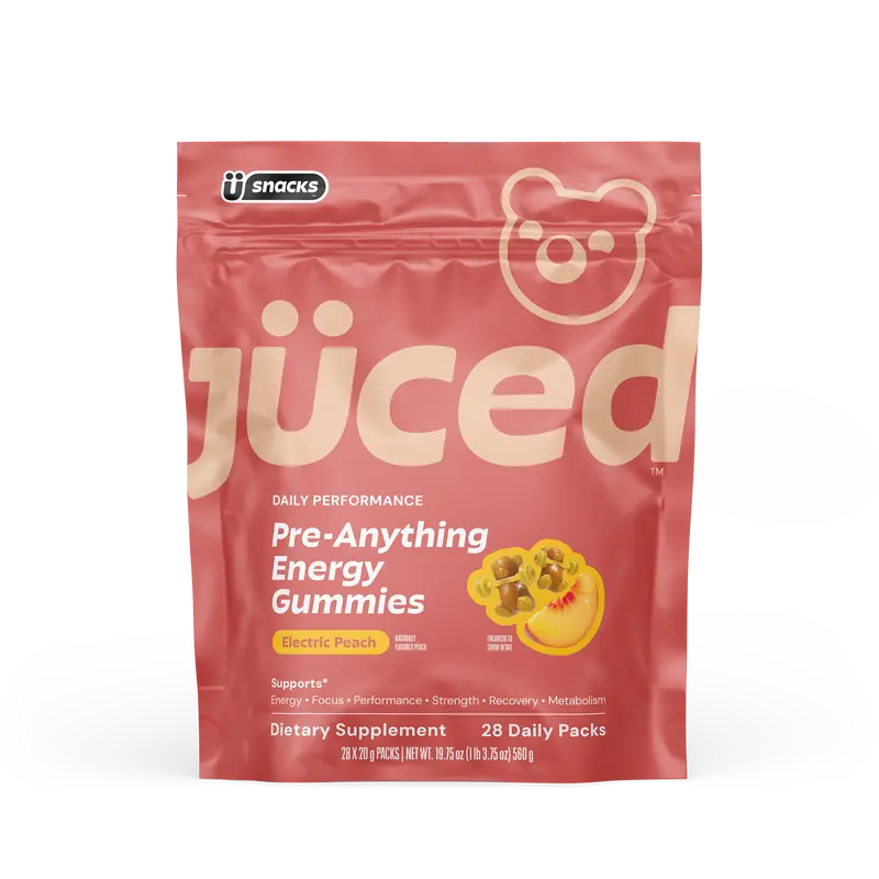 Jüced Energy Gummies | Peach Pre-Anything Gummies | 75mg Natural Caffeine plus L-Carnitine, DuraBeet Betaine, and Rhodiola Rosea to support energy, endurance, and stress management | Vegan & Gluten-Free | 28 Daily Packs