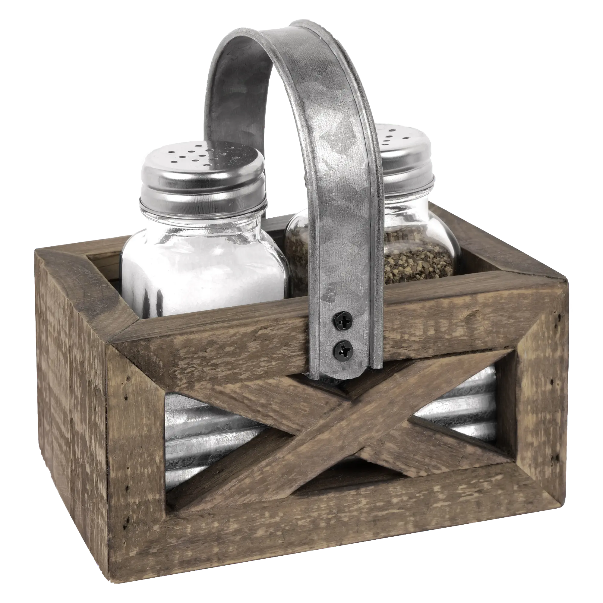 Autumn Alley Rustic Barn Door Glass Salt & Pepper Shakers Set with Brown Wood Caddy - Sturdy Glass & Metal for Kitchen Seasoning - Bottles