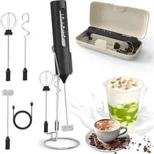 Milk Frother Handheld with Stand, Rechargeable Frother with 3 Speeds & 3 Heads, Travel Frother with Case, Coffee Mixer for Latte, Milk, Cream, Egg, Coffee, Cappuccino