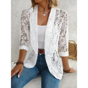Womens Chic Floral Lace Blazer - Sophisticated Layered Look - Long Sleeve, Open Front - Perfect for Casual or Workwear Fit Womenswear