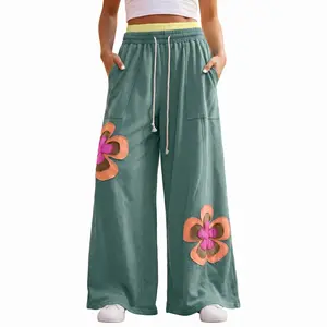 Women's Boho Floral Patchwork Wide Leg Pants - Casual Oversized Drawstring Sweatpants with Pockets