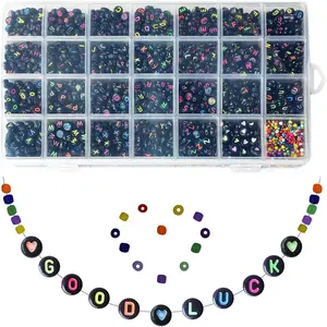 2220 count Letter Beads for Bracelets, 4x7 Round  Alphabet Beads with Mini Pony Beads Heart Beads for  Making(Black Bead,Colored Letter)