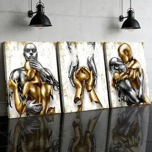 3 Counts Wooden Framed Canvas Painting, Gold And Silver Abstract Lovers Art Images, Exquisite Poster, Perfect Living Room Decoration, Modern Art, Fashion Family Poster, Wall Art Decoration, Waterproof Art