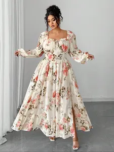 FINJANI Plus Size Women's Dress for Summer Casual Fitted Style with Ditsy Floral Print Woven Fabric Medium Thickness Perfect for Daily Wear Long Sleeve Maxi Bohemian Boho Colorful Piping Basic Spring wedding dress Womenswear