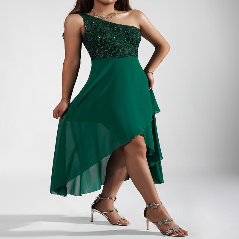 Emerald Green Sequin One-Shoulder Tulip Dress - Elegant Sleeveless Fitted Top & Flowy Skirt Mid-Length Formal Party for Women, Hand Washable All-Season Evening Gown, Seasonal Fashion, Fabric Polyester Womenswear Chic Emerald Green Sequin One-Shoulder Tulip Dress - Elegant Sleeveless Fitted Top & Flowy Skirt Mid-Length Formal Party for Women, Hand Washable All-Season Evening Gown, Seasonal Fashion, Fabric Polyester Womenswear Chic