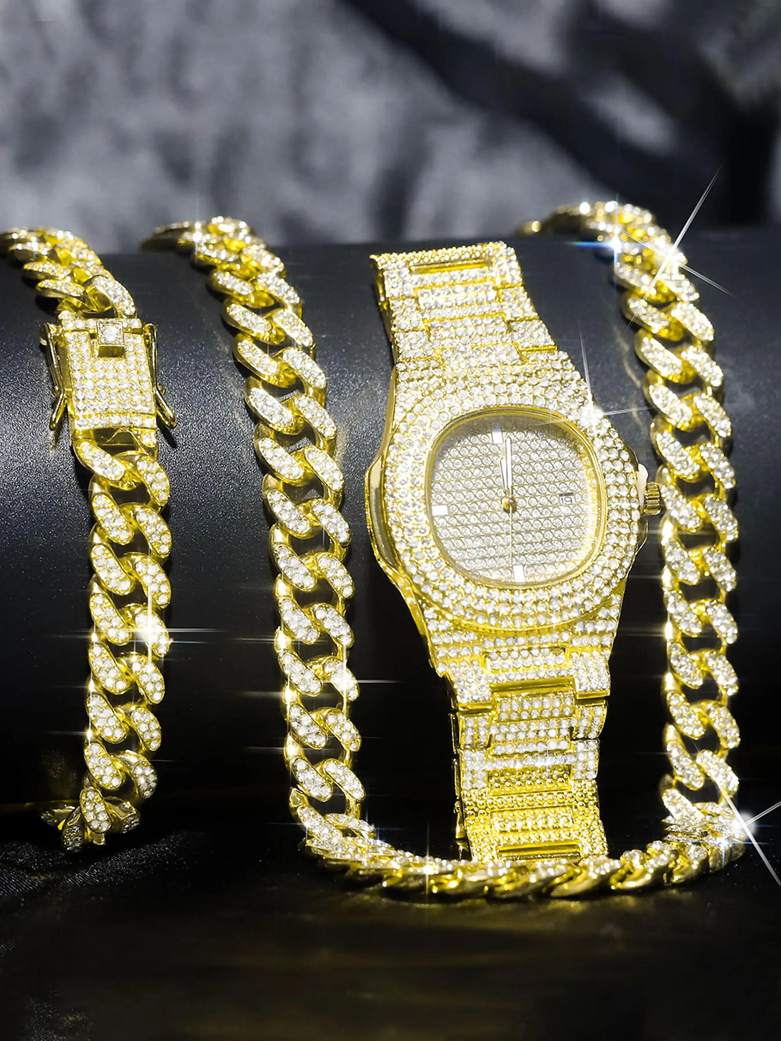 Men's Classic Chain Design Watch & Bracelet & Necklace Set, Fashion Watch Set for Party, Daily Clothing Decor, Trendy All-match & Exquisite Watch Set for Birthday Gift