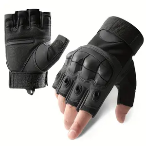 Tactical Half-Finger Gloves for Men with Knuckle Protection Pads, Polyester Knitted Fabric, Touchscreen Compatible, Anti-Slip Palm, for Combat Training, Climbing, Riding - Hand Washable with Hook & Loop Closure.
