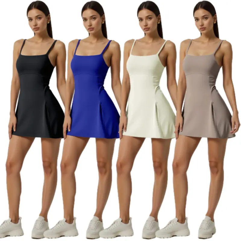 Women's A-Line Elegant Solid Sleeveless Sporty Chic Tennis Dress - 25% Polyester 75% Nylon High-Stretch Knit Fabric, Adjustable Spaghetti Straps, High Waist, Built-in Bra, Stay-Put Shorts, Machine Washable Athletic Wear for Tennis, Golf