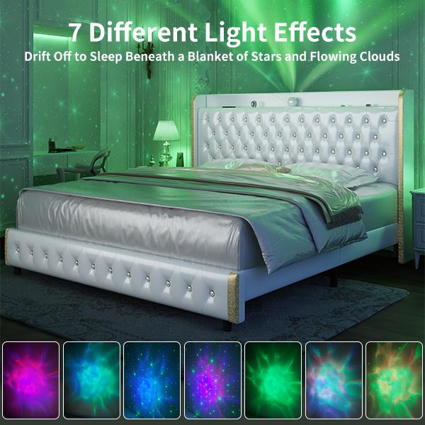 GEGOFORU Queen LED Bed Frame with Galaxy Projector & Bluetooth Speakers, RGB Lights, USB Charging, 4 Storage Drawers, Velvet Upholstered Platform Bed, No Box Spring Needed – White