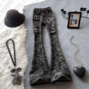 Y2K Metal Rock Vintage Women’s Skinny Punk High Street Cool Girl Bell-Bottom Camouflage Streetwear Jeans